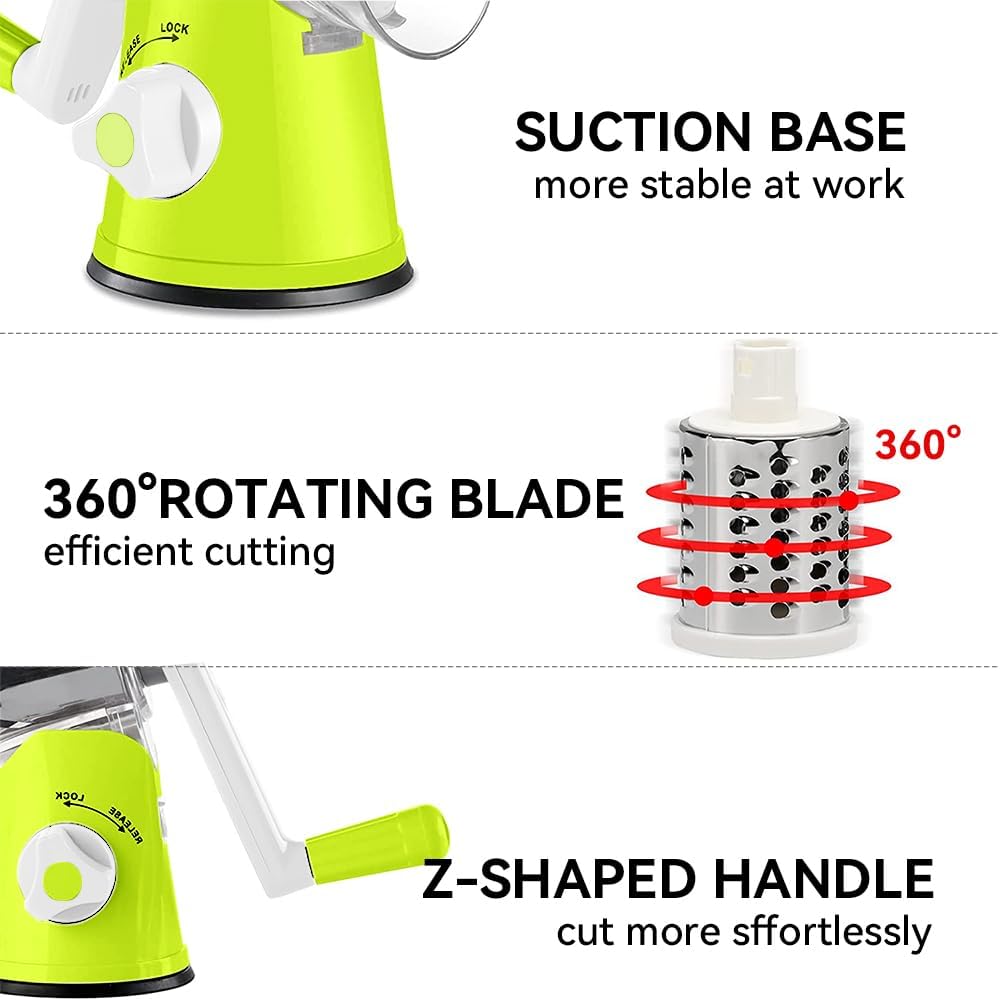 Vegetable Slicer with 3 Interchangeable Blades, Easy to Clean Rotary Grater Slicer for Fruit, Vegetables, Nuts