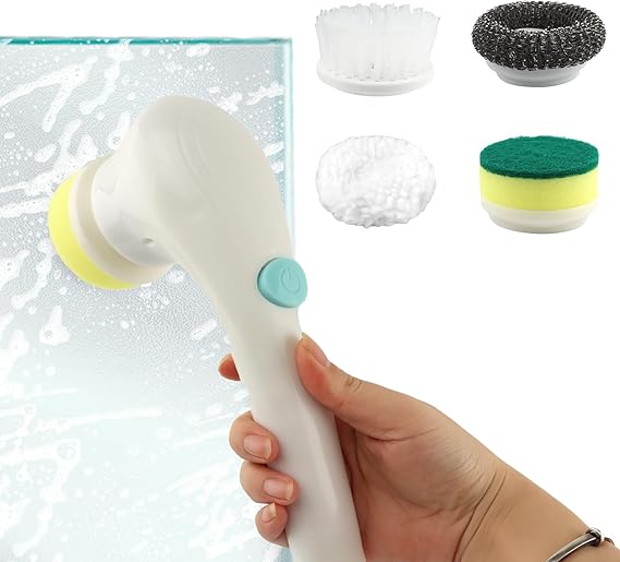 Electric Spin Scrubber, 5 in 1 Handheld Cleaning Brush, Rechargeable Cordless Power Scrubber, Includes 4 Replaceable Heads, for Cleaning Tub Tile Floor Kitchen Sink, 360 Rotation(White)