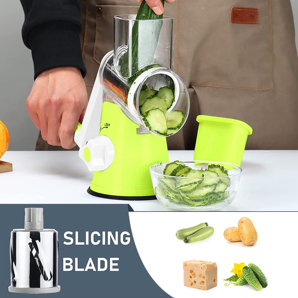 Vegetable Slicer with 3 Interchangeable Blades, Easy to Clean Rotary Grater Slicer for Fruit, Vegetables, Nuts