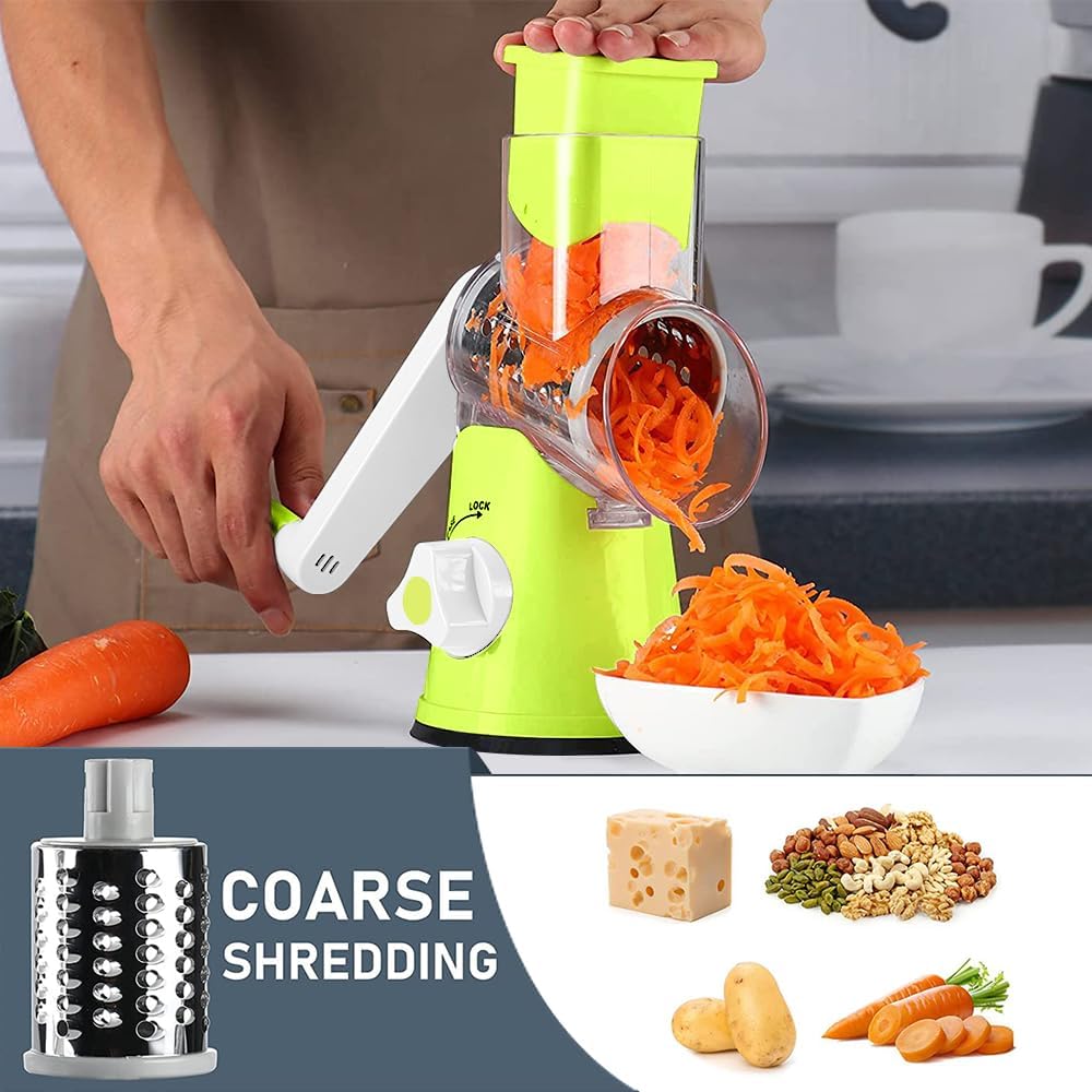 Vegetable Slicer with 3 Interchangeable Blades, Easy to Clean Rotary Grater Slicer for Fruit, Vegetables, Nuts