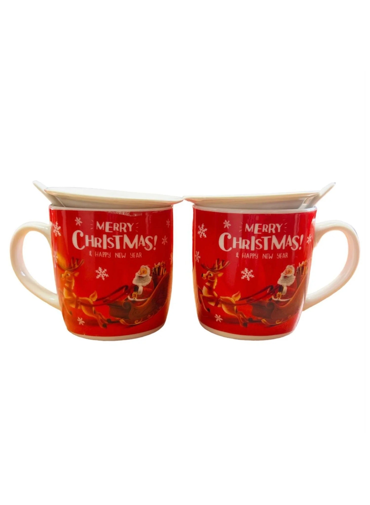 Christmas Beautiful Couple Gift Set, 2 Large Cups with Lid and Spoon (Red)