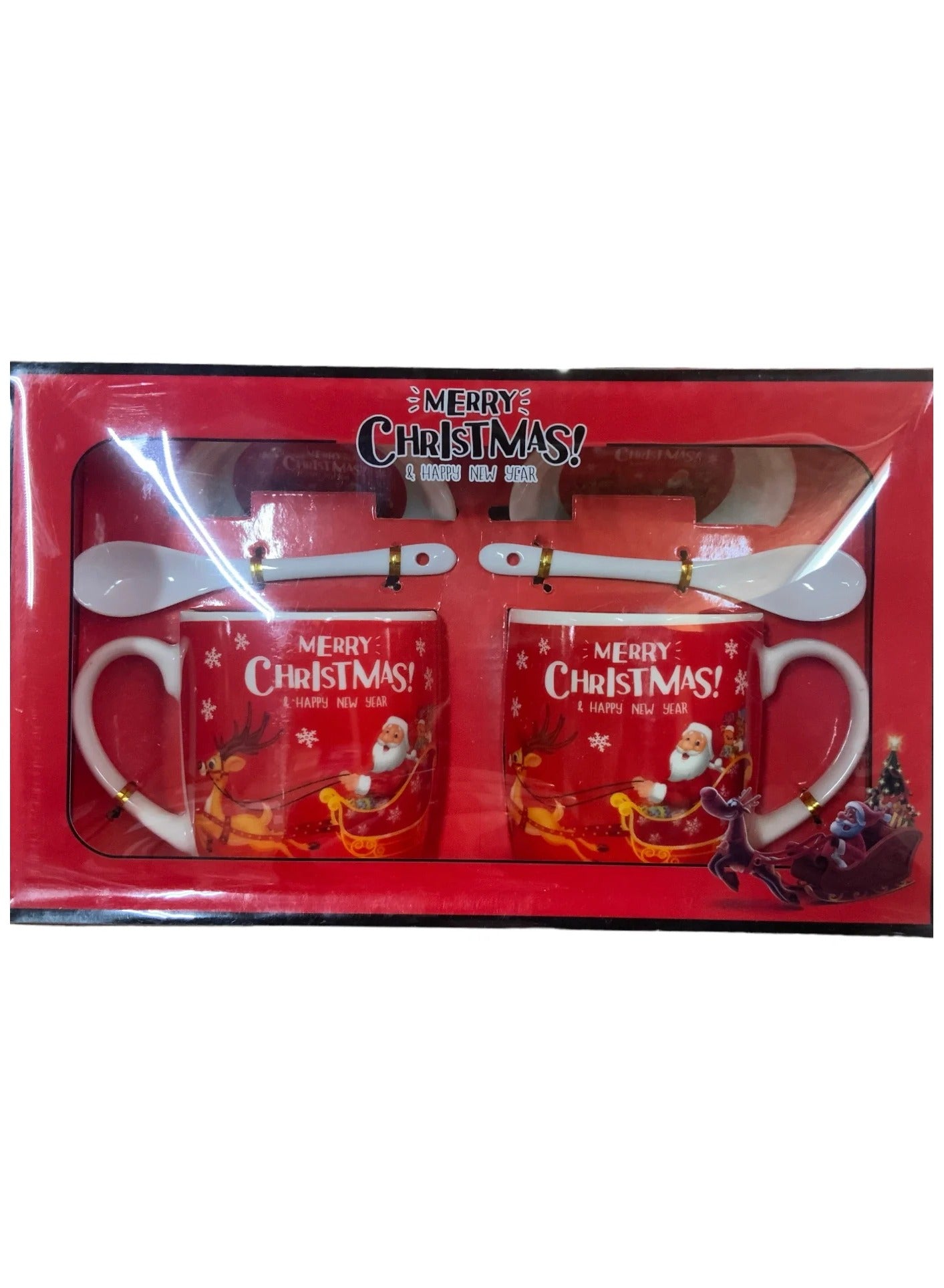 Christmas Beautiful Couple Gift Set, 2 Large Cups with Lid and Spoon (Red)