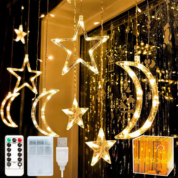 Star Curtain Lights - Stars Moon Window Lights Fairy Lights, for Bedroom, Weddings, Party