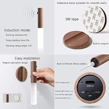 USB Rechargeable LED Motion Sensor Night Light – Magnetic Wooden Wall Light for Bedroom & Stairs