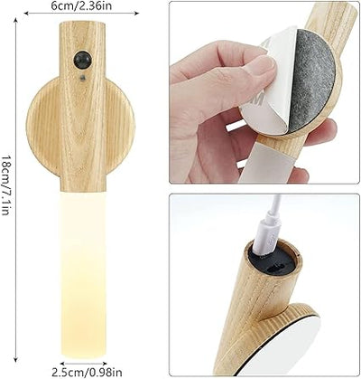 USB Rechargeable LED Motion Sensor Night Light – Magnetic Wooden Wall Light for Bedroom & Stairs