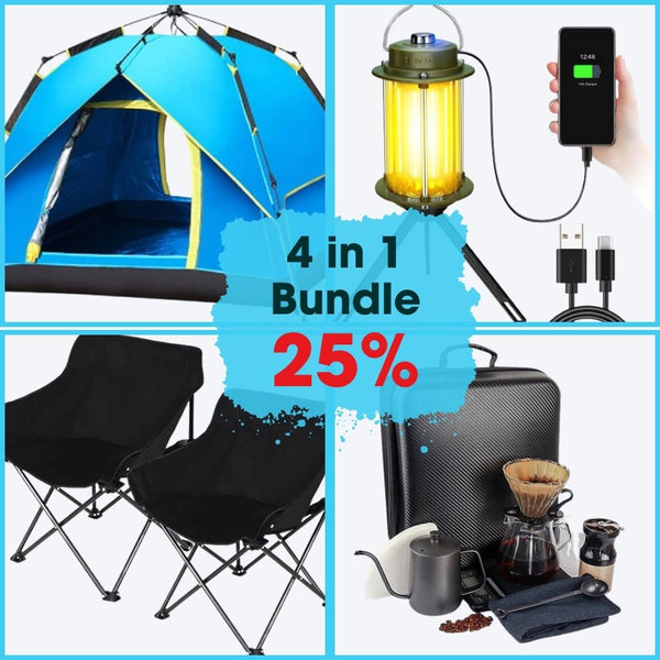 4-in-1 Camping Bundle ---Automatic Tent, Rechargeable Light, Folding Charis and Coffee Set