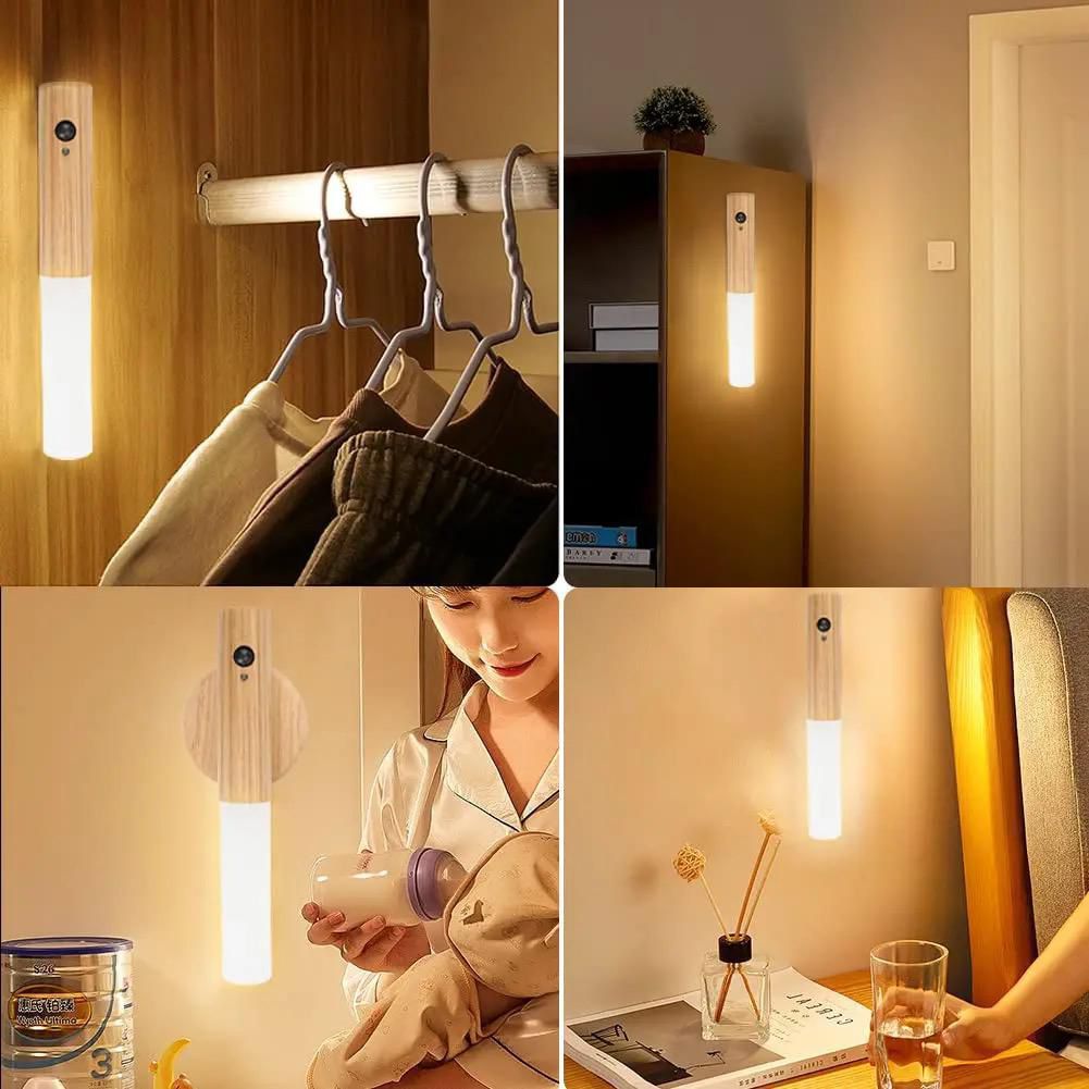 USB Rechargeable LED Motion Sensor Night Light – Magnetic Wooden Wall Light for Bedroom & Stairs